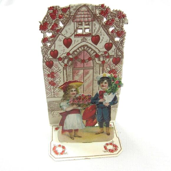 Vintage Valentine Pop Up 3D Pull Down Die Cut Victorian Girl Boy Flowers Germany - Picture 9 of 12